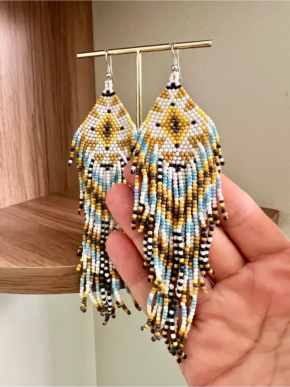 Sunny Coastal Beaded Fringe Earrings in Yellow, White & Blue